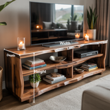 Rustic Live Edge Solid Wood TV Stand – Handcrafted Organic Media Console with 4 Open Shelves for Modern Living Spaces