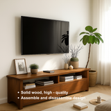 Solid Wood TV Stand with Curved Edge – Handcrafted Media Console with Drawers and Open Shelves for Modern Natural Living Spaces