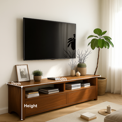 Solid Wood TV Stand with Curved Edge – Handcrafted Media Console with Drawers and Open Shelves for Modern Natural Living Spaces