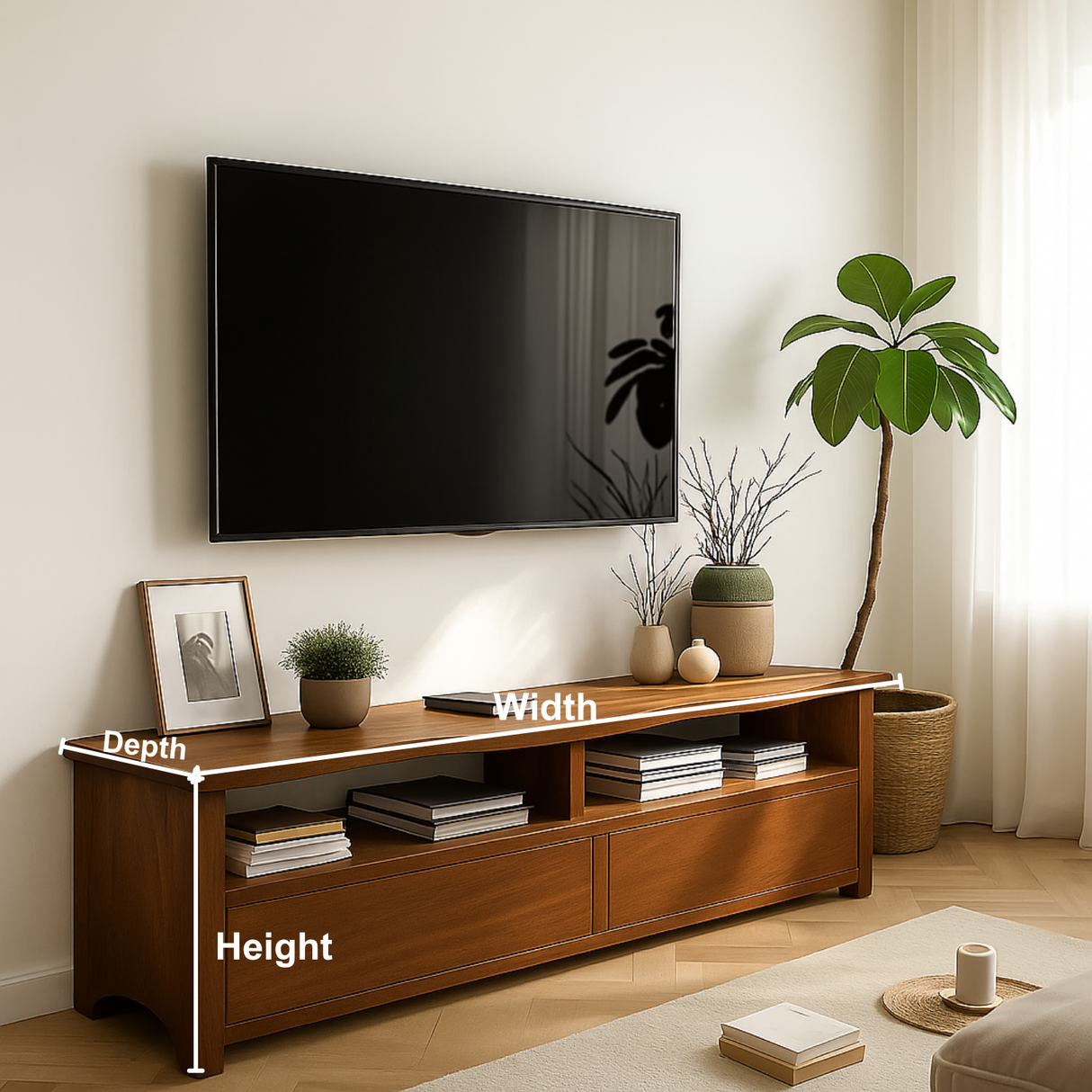 Solid Wood TV Stand with Curved Edge – Handcrafted Media Console with Drawers and Open Shelves for Modern Natural Living Spaces