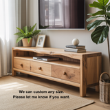 Handcrafted Solid Wood TV Stand with Live Edge Top – Natural Finish Media Console with Drawers and Open Shelf for Japandi Interiors