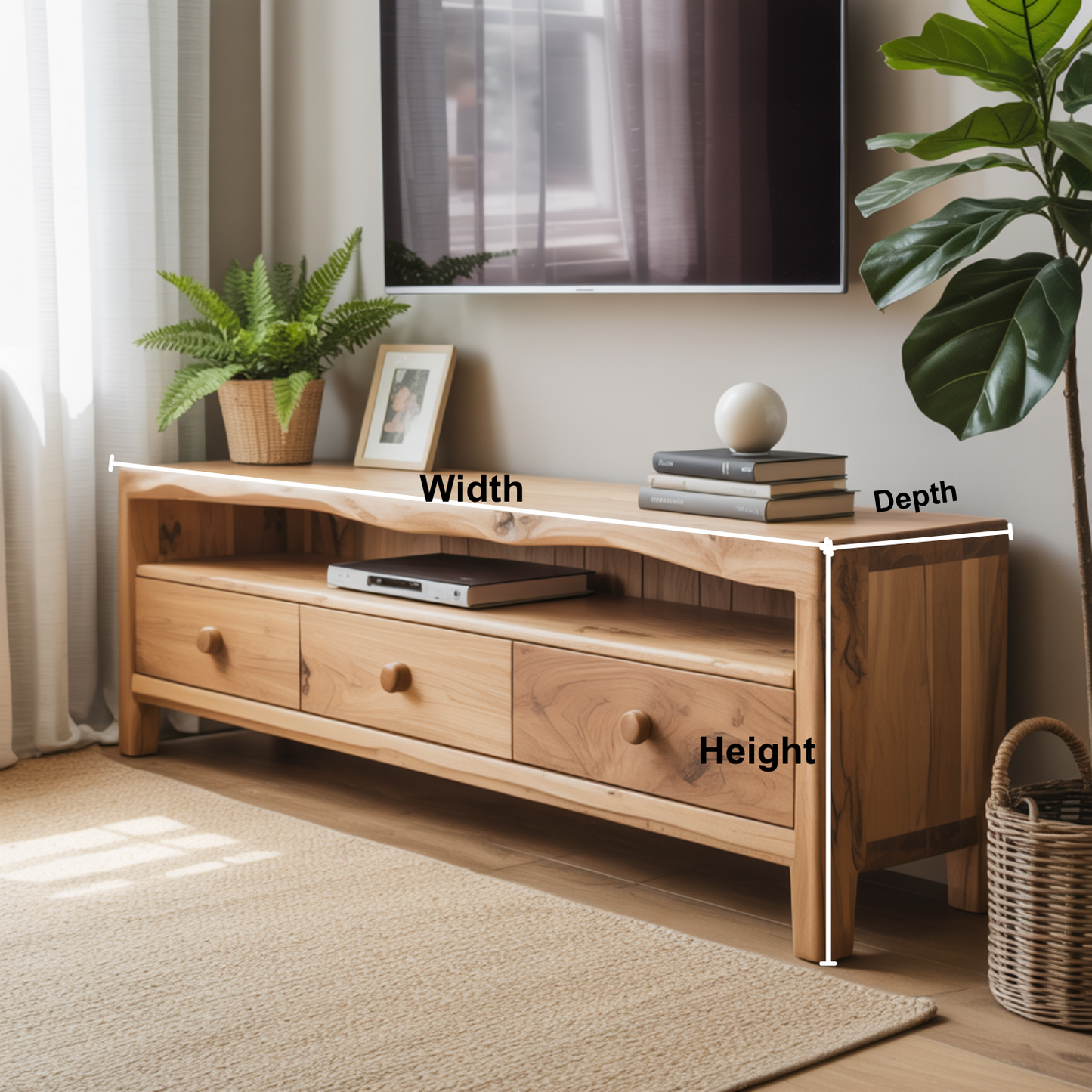 Handcrafted Solid Wood TV Stand with Live Edge Top – Natural Finish Media Console with Drawers and Open Shelf for Japandi Interiors