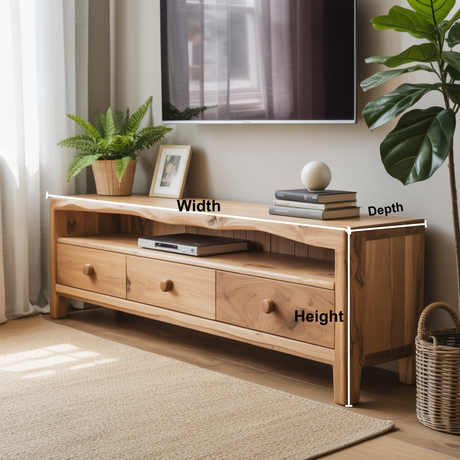 Handcrafted Solid Wood TV Stand with Live Edge Top – Natural Finish Media Console with Drawers and Open Shelf for Japandi Interiors