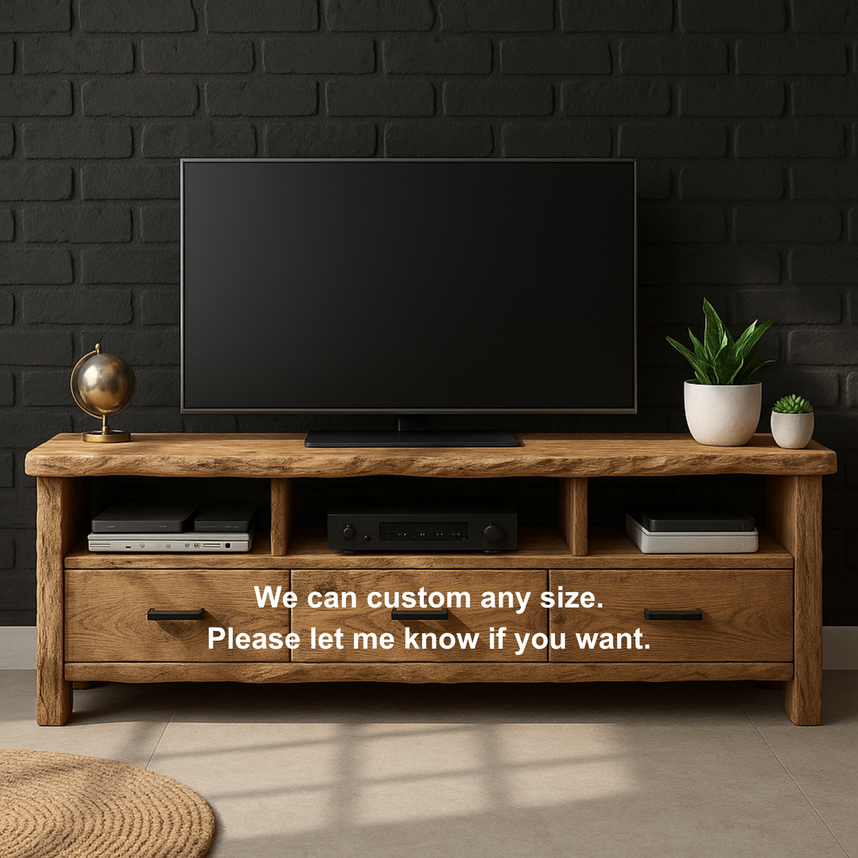 Rustic Solid Wood TV Stand with Live Edge – Handcrafted Media Console with Drawers and Open Shelves for Modern Organic Interiors