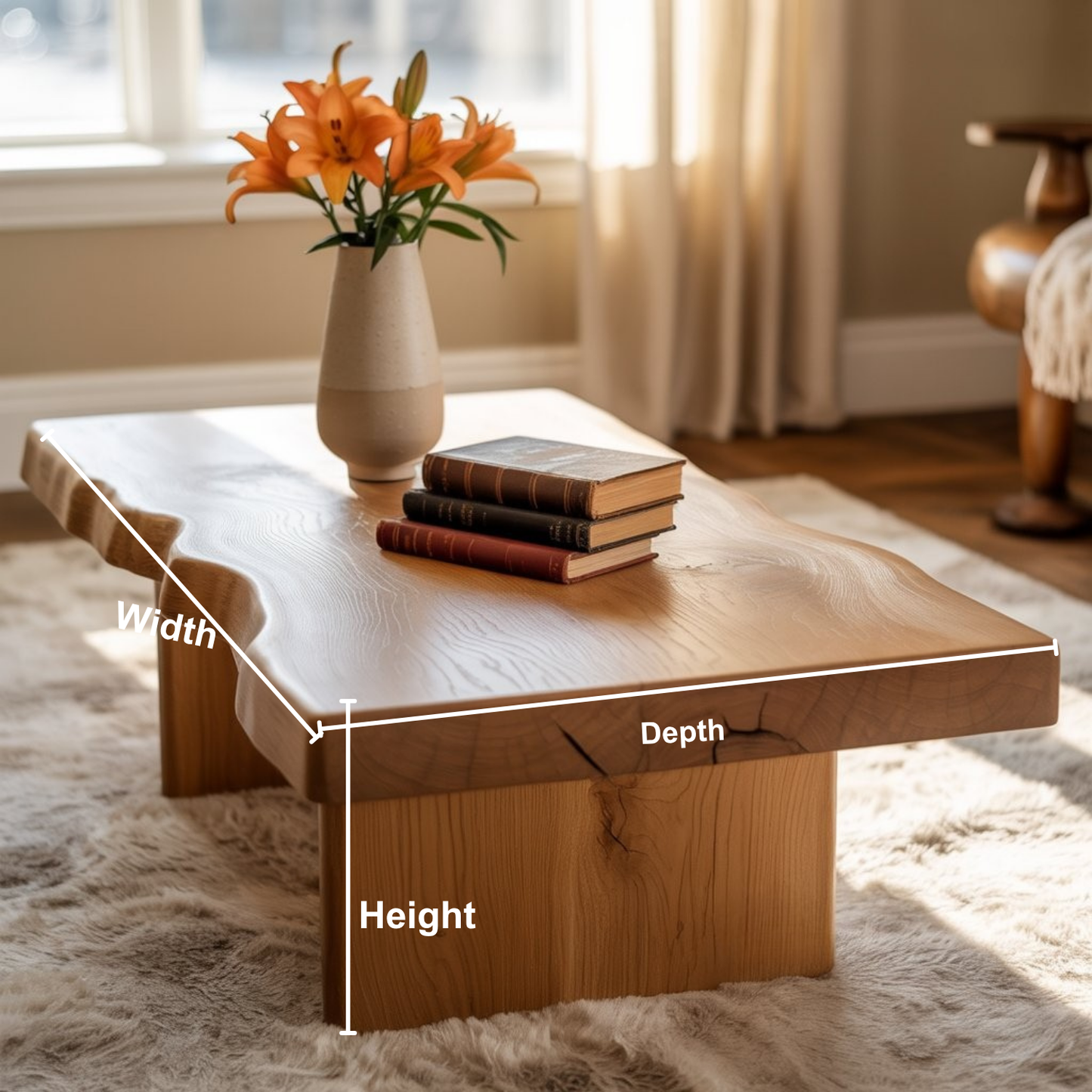 Handcrafted Solid Wood Coffee Table with Deep Live Edge – Minimalist Japanese Zen Center Table for Modern Organic Interiors