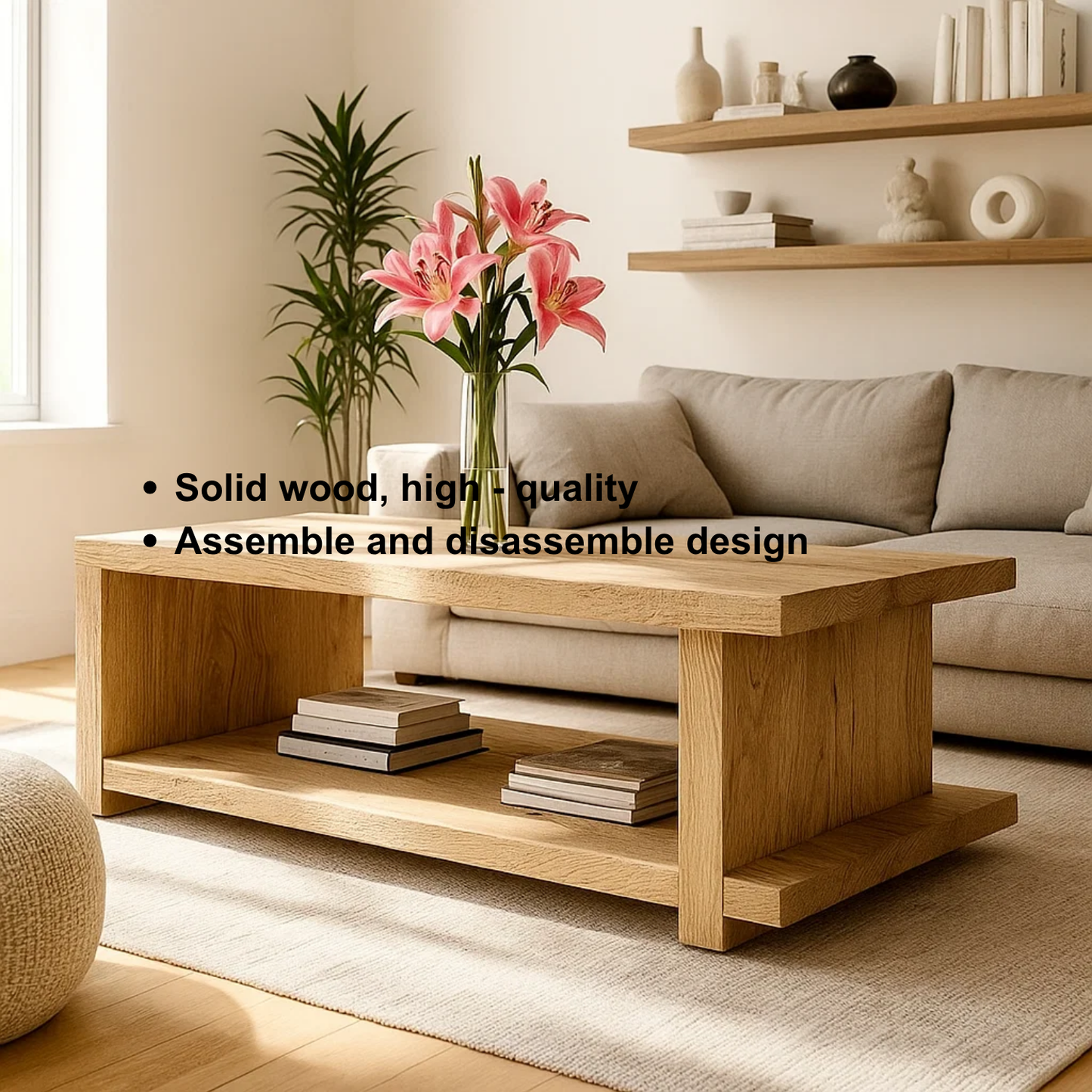 Handcrafted Solid Wood Coffee Table – Minimalist Japandi Wood Center Table with Open Shelf for Modern Natural Living Spaces