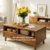 Handcrafted Solid Wood Coffee Table – Mid-Century Modern Wooden Center Table with Drawers and Open Storage for Living Room