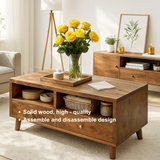 Handcrafted Solid Wood Coffee Table – Mid-Century Modern Wooden Center Table with Drawers and Open Storage for Living Room