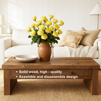 Handcrafted Solid Wood Coffee Table – Rustic Farmhouse Center Table with Drawers, Minimal Design for Elegant Living Room
