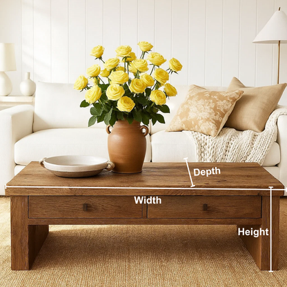 Handcrafted Solid Wood Coffee Table – Rustic Farmhouse Center Table with Drawers, Minimal Design for Elegant Living Room