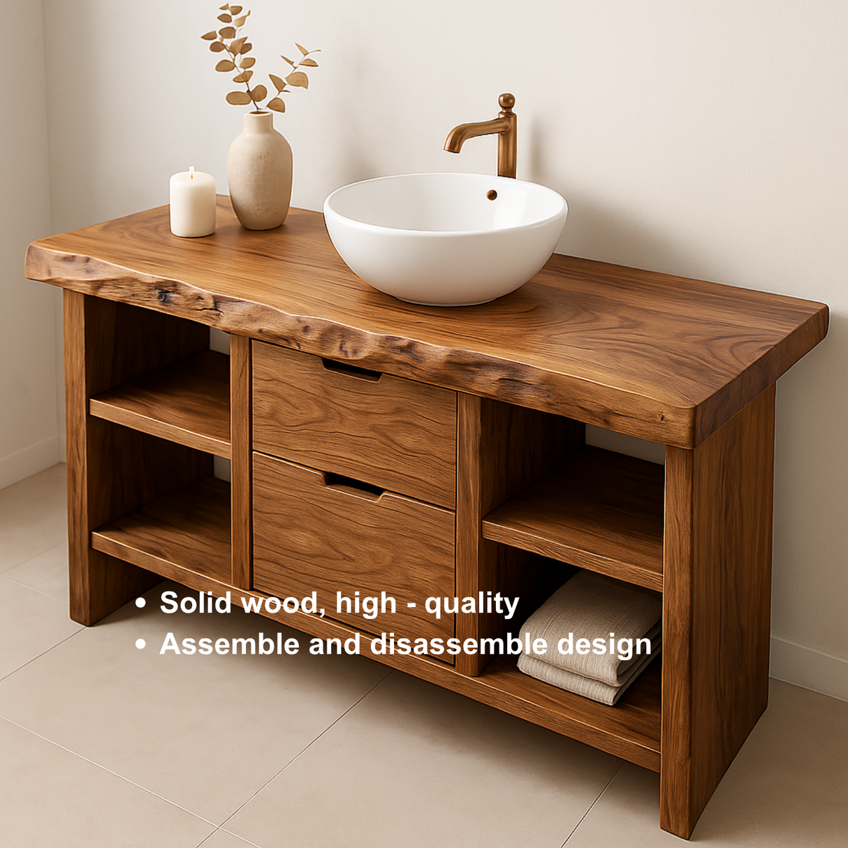 Handcrafted Solid Wood Bathroom Vanity with Live Edge Top and Open Shelves