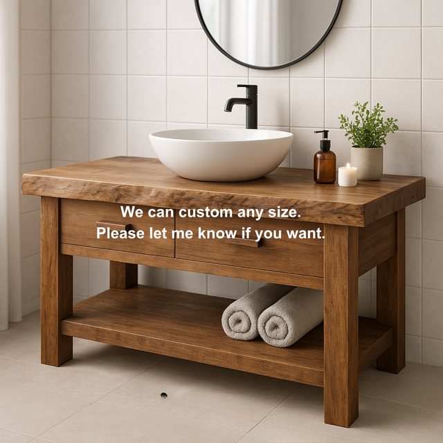 Handcrafted Solid Wood Bathroom Vanity with Live Edge Top and Open Shelf Storage