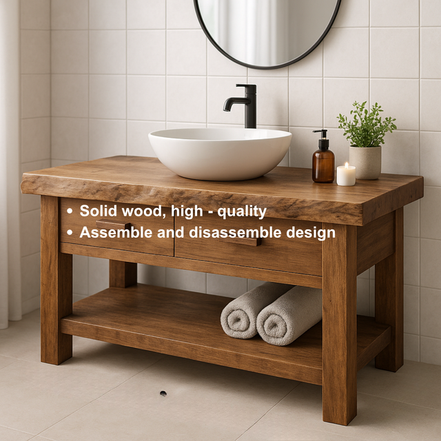 Handcrafted Solid Wood Bathroom Vanity with Live Edge Top and Open Shelf Storage