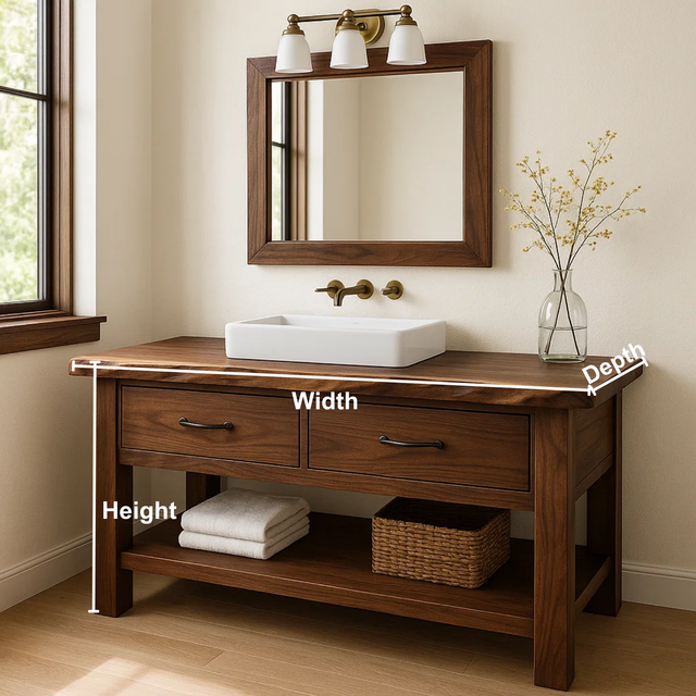 Handcrafted Solid Wood Bathroom Vanity with Live Edge Top and Double Drawer Storage