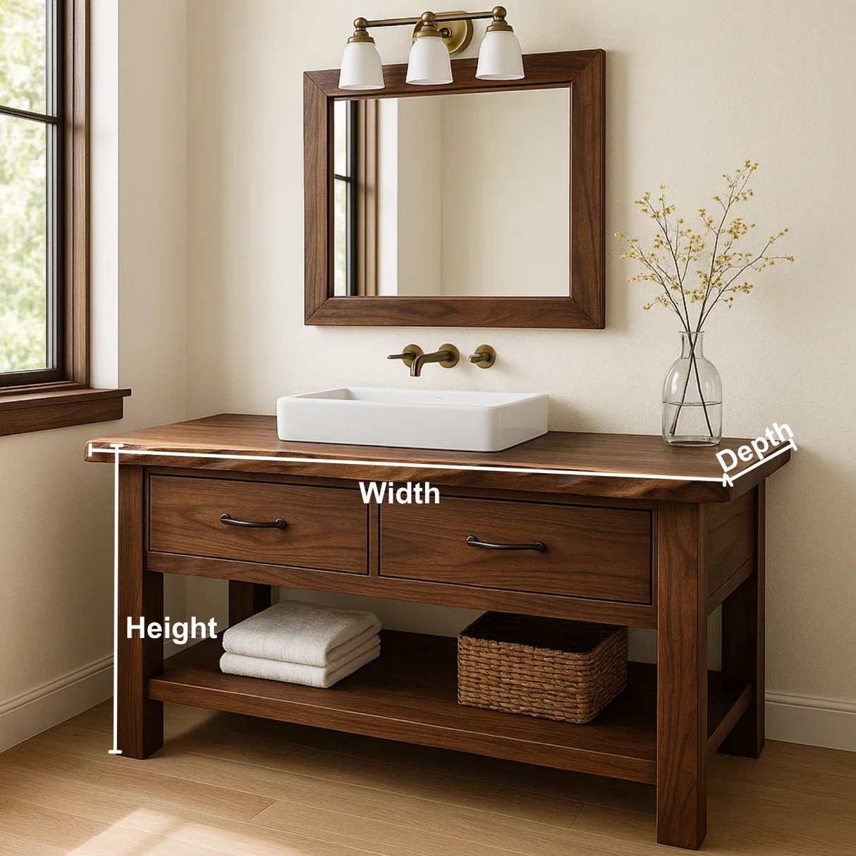 Handcrafted Solid Wood Bathroom Vanity with Live Edge Top and Double Drawer Storage