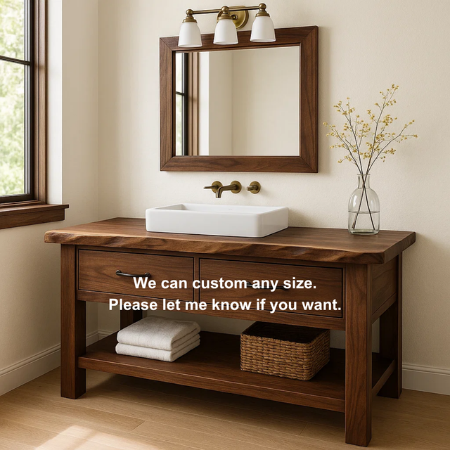 Handcrafted Solid Wood Bathroom Vanity with Live Edge Top and Double Drawer Storage