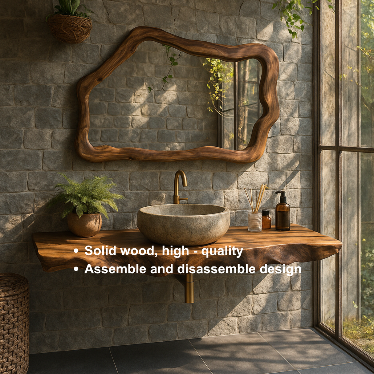 Handcrafted Solid Wood Floating Vanity with Natural Wave Edge for Organic Modern Bathrooms