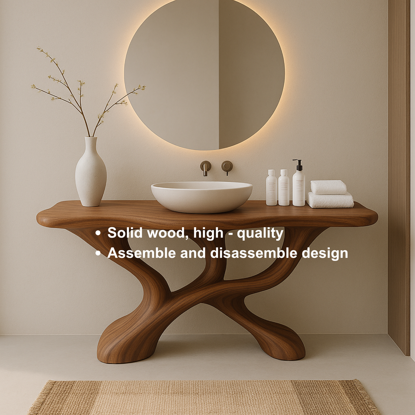 Handcrafted Solid Wood Sculptural Vanity with Fluid Modern Design and Artistic Form