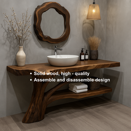 Handcrafted Solid Wood Vanity with Tree-Root Inspired Base and Organic Live Edge Design