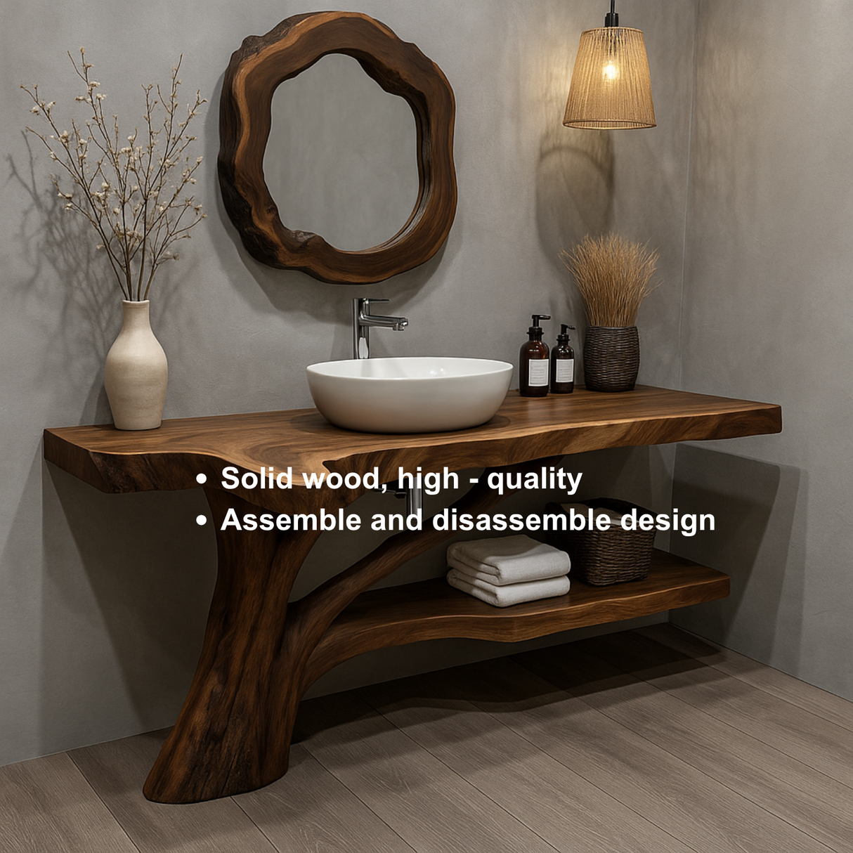 Handcrafted Solid Wood Vanity with Tree-Root Inspired Base and Organic Live Edge Design