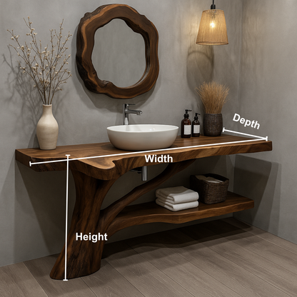Handcrafted Solid Wood Vanity with Tree-Root Inspired Base and Organic Live Edge Design