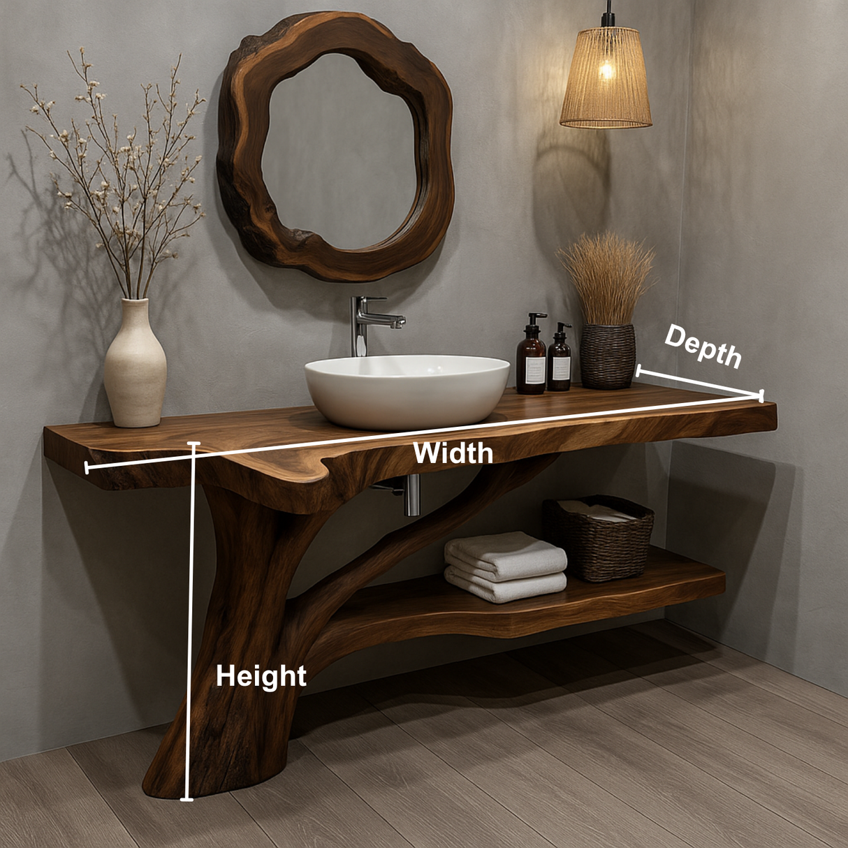 Handcrafted Solid Wood Vanity with Tree-Root Inspired Base and Organic Live Edge Design