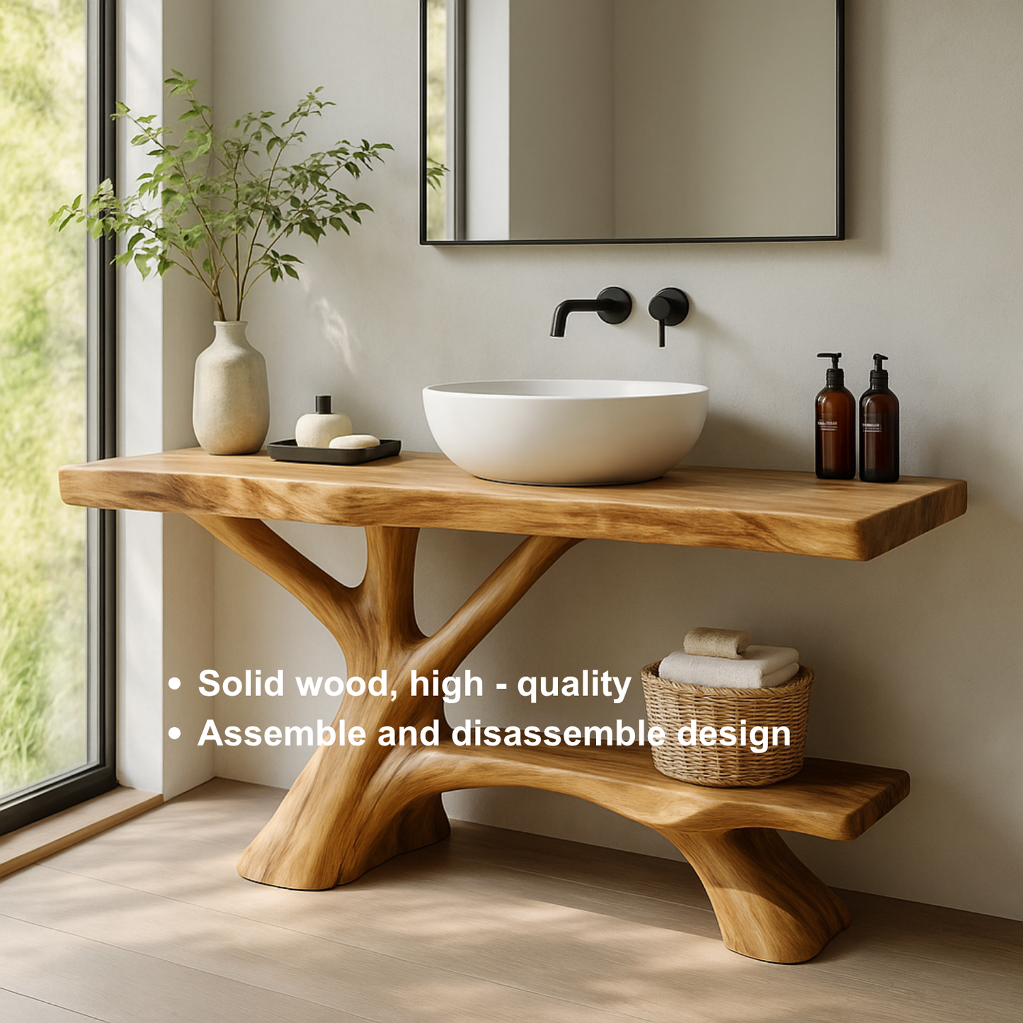 Handcrafted Solid Wood Vanity with Branch-Inspired Base and Organic Sculptural Design