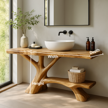 Handcrafted Solid Wood Vanity with Branch-Inspired Base and Organic Sculptural Design