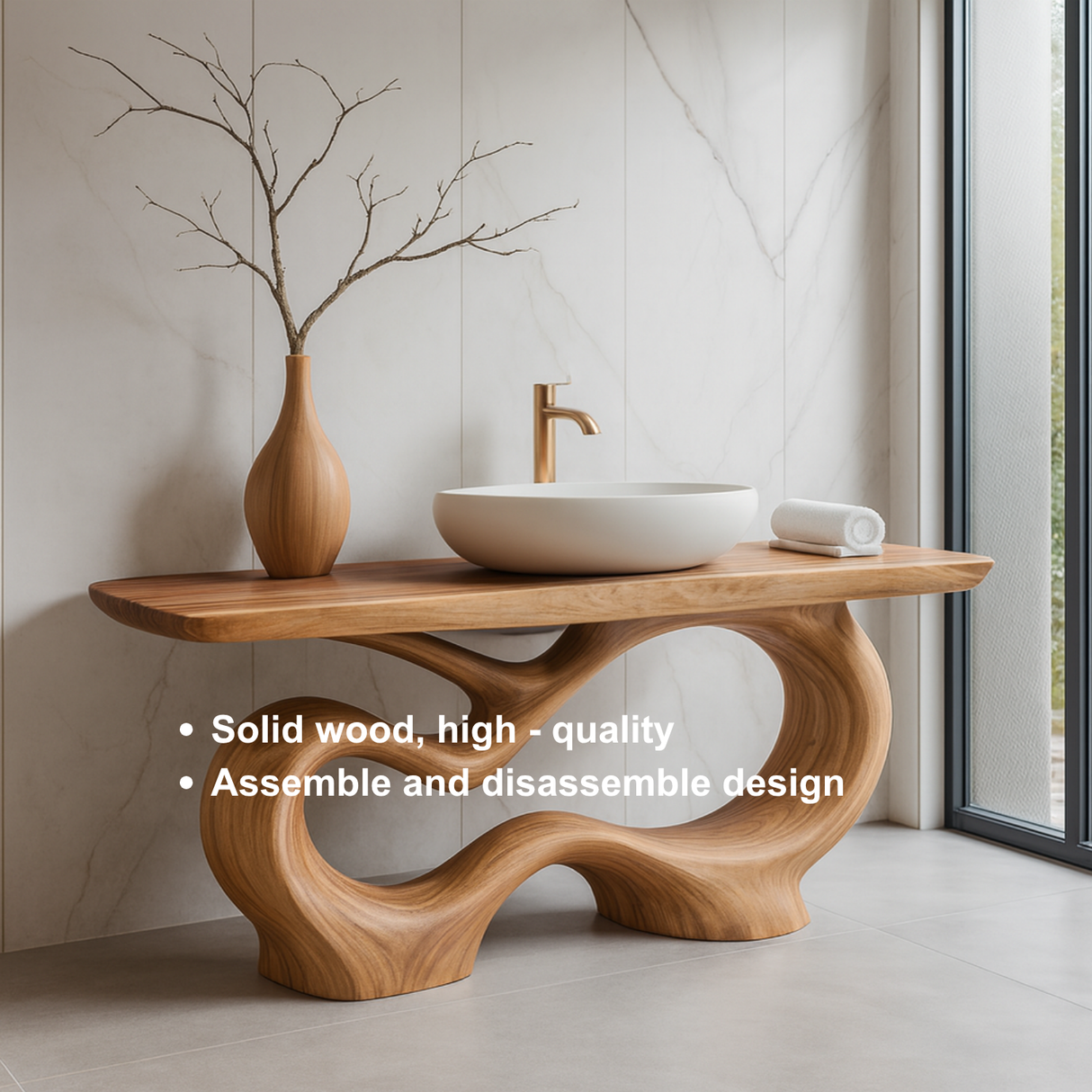 Handcrafted Solid Wood Sculptural Vanity with Organic Curved Base for Modern Interiors