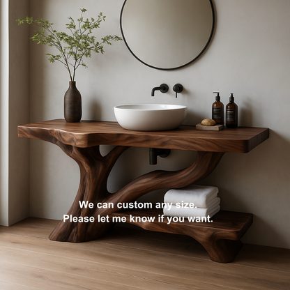 Handcrafted Solid Wood Vanity with Flowing Tree Trunk Base and Organic Sculptural Form
