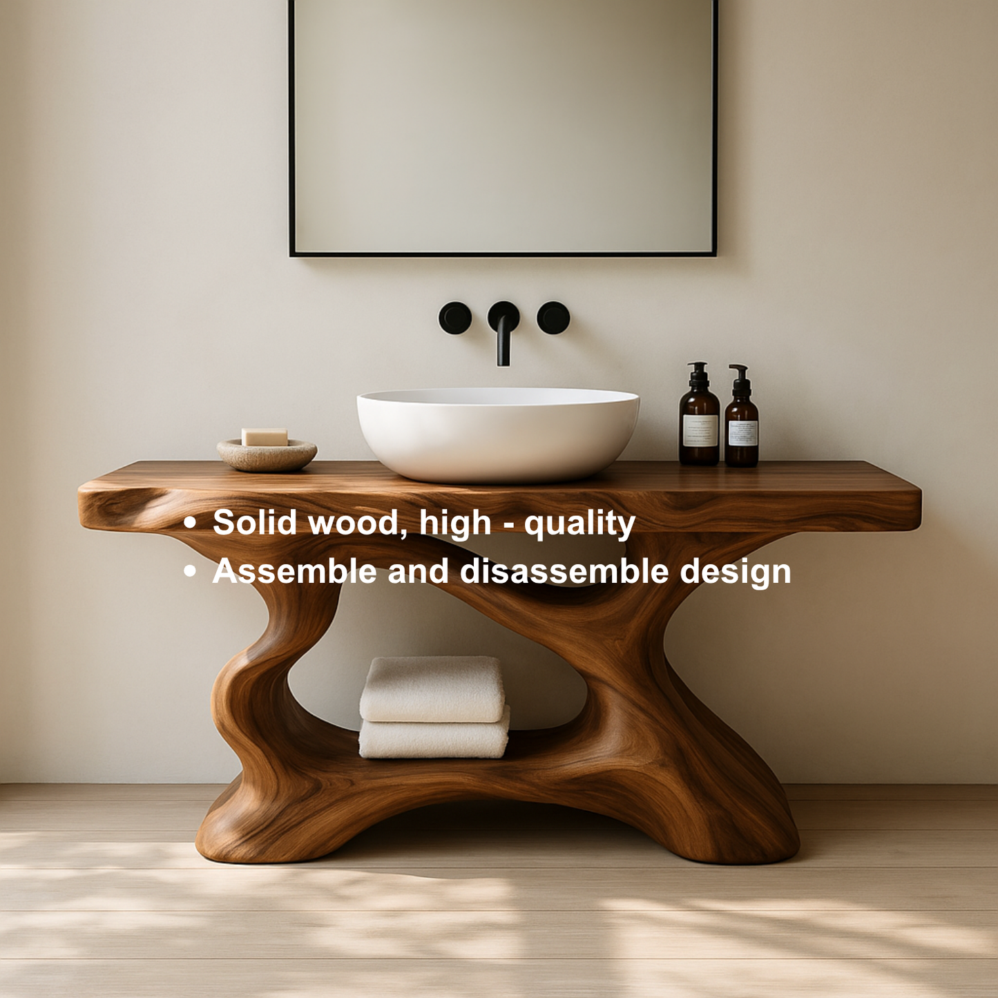 Handcrafted Solid Wood Vanity with Sculptural Organic Flow and Modern Natural Design