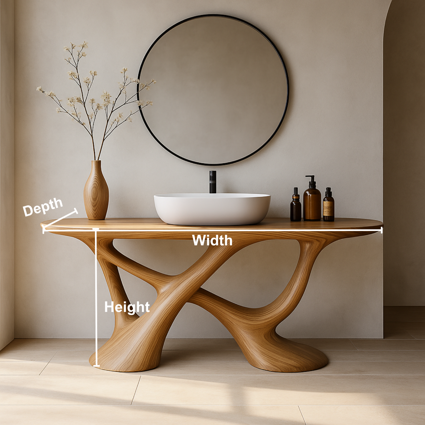 Handcrafted Solid Wood Vanity with Fluid Organic Shape and Modern Sculptural Design