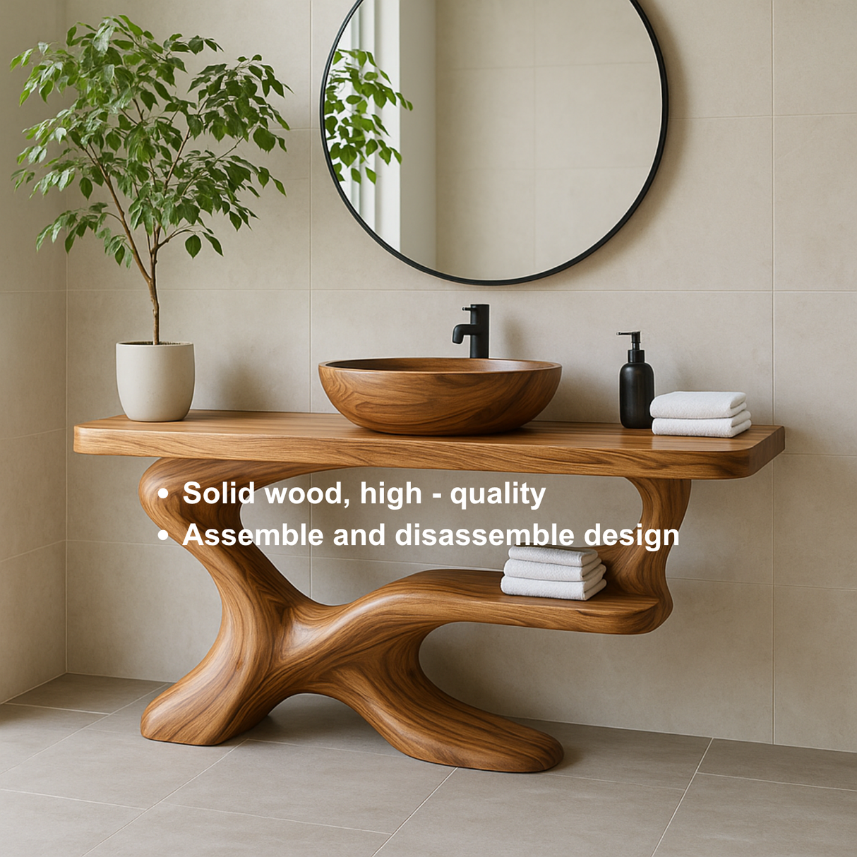Handcrafted Solid Wood Vanity with Sculptural Flow Design and Contemporary Natural Form
