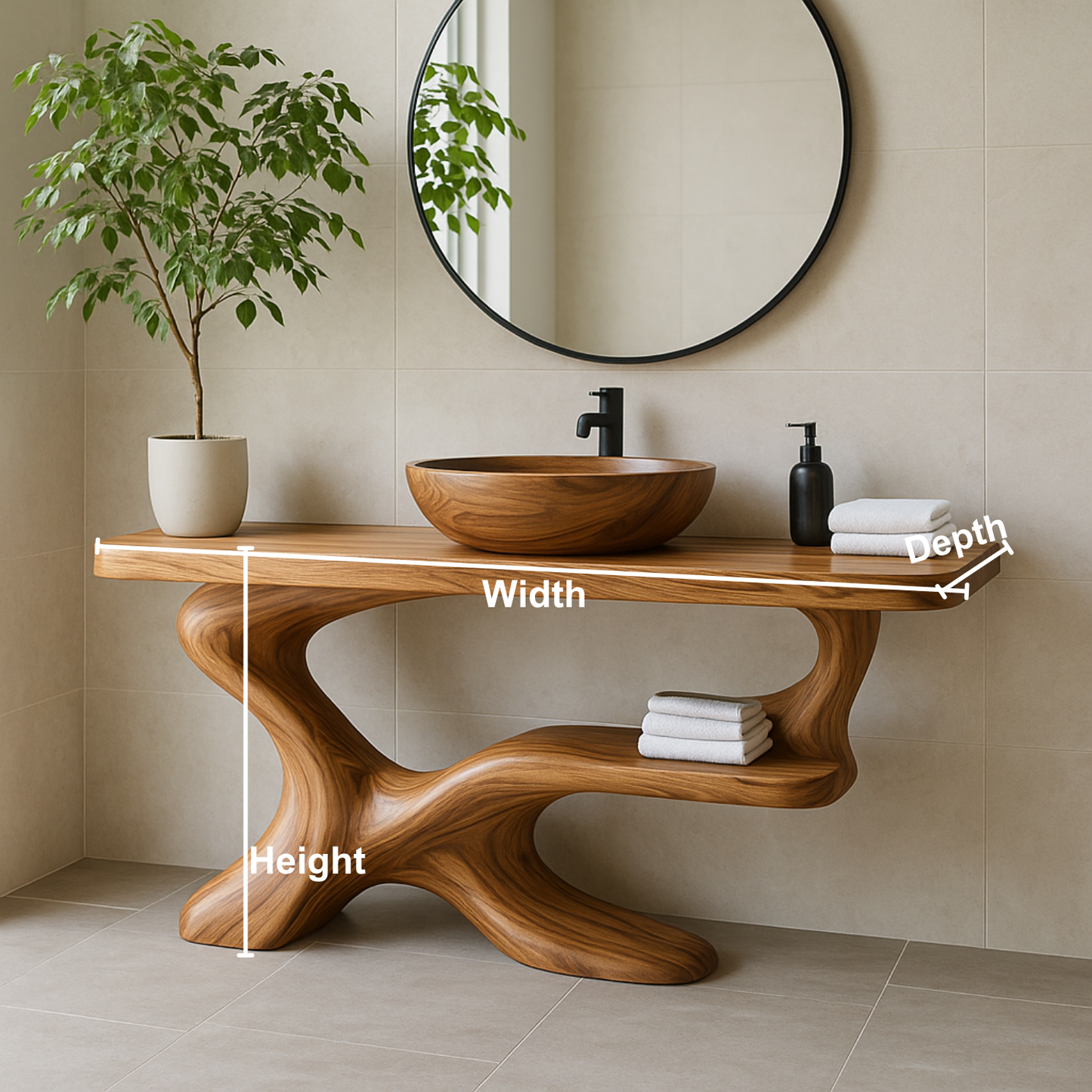 Handcrafted Solid Wood Vanity with Sculptural Flow Design and Contemporary Natural Form