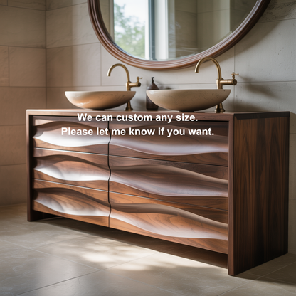 Handcrafted Solid Walnut Bathroom Vanity – Sculptural Wave Front Double Sink Cabinet with Brass Fixtures