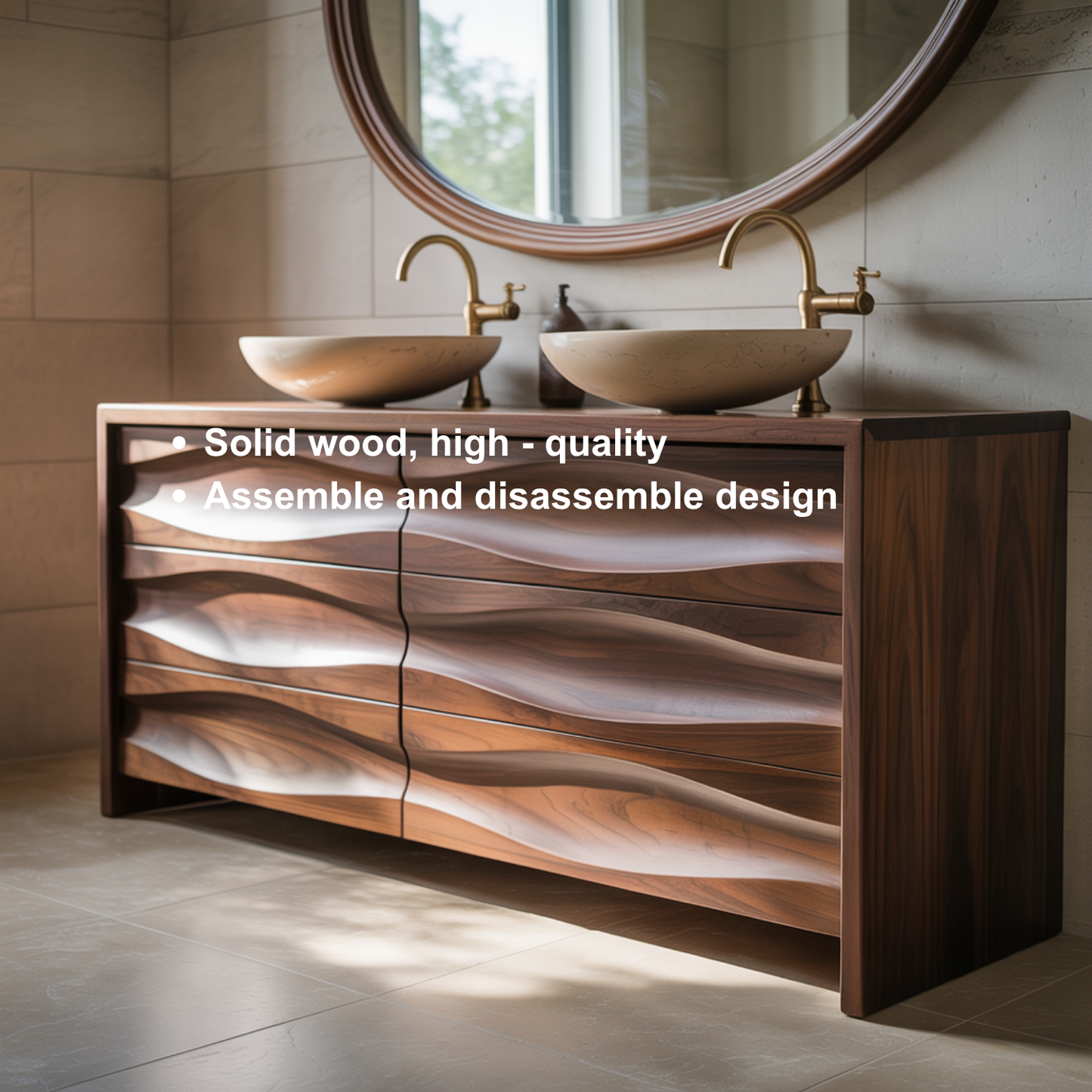 Handcrafted Solid Walnut Bathroom Vanity – Sculptural Wave Front Double Sink Cabinet with Brass Fixtures