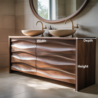 Handcrafted Solid Walnut Bathroom Vanity – Sculptural Wave Front Double Sink Cabinet with Brass Fixtures