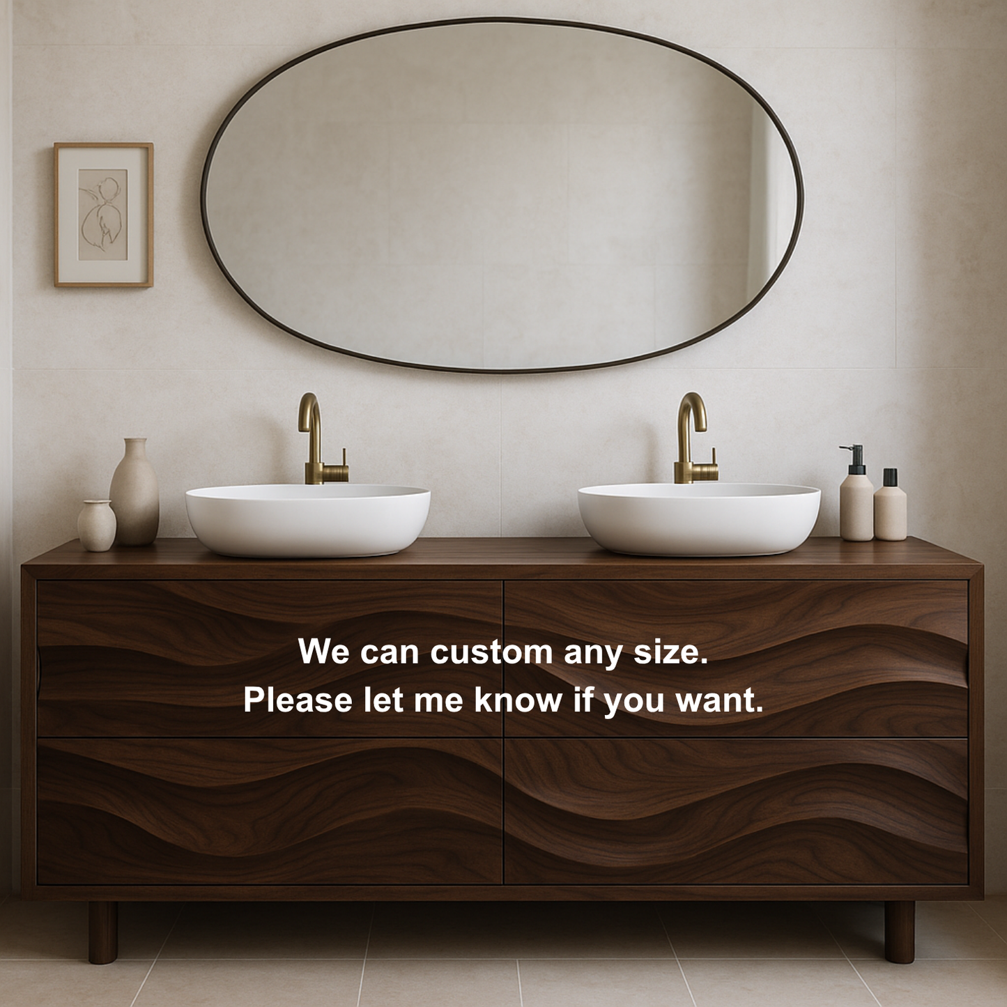 Handcrafted Solid Wood Bathroom Vanity – Organic Wave Front Double Sink Cabinet with Modern Brass Fixtures