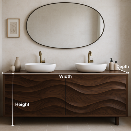 Handcrafted Solid Wood Bathroom Vanity – Organic Wave Front Double Sink Cabinet with Modern Brass Fixtures