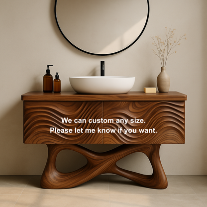Handcrafted Solid Walnut Bathroom Vanity – Sculptural Wave Front with Organic Twisted Base Design