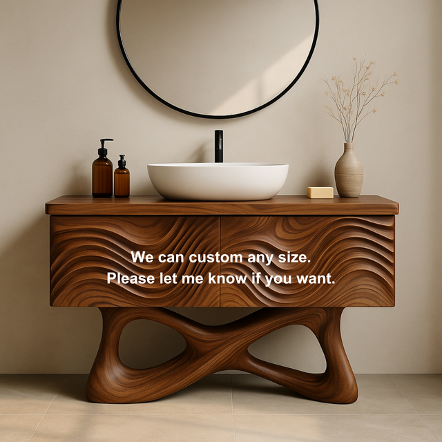 Handcrafted Solid Walnut Bathroom Vanity – Sculptural Wave Front with Organic Twisted Base Design