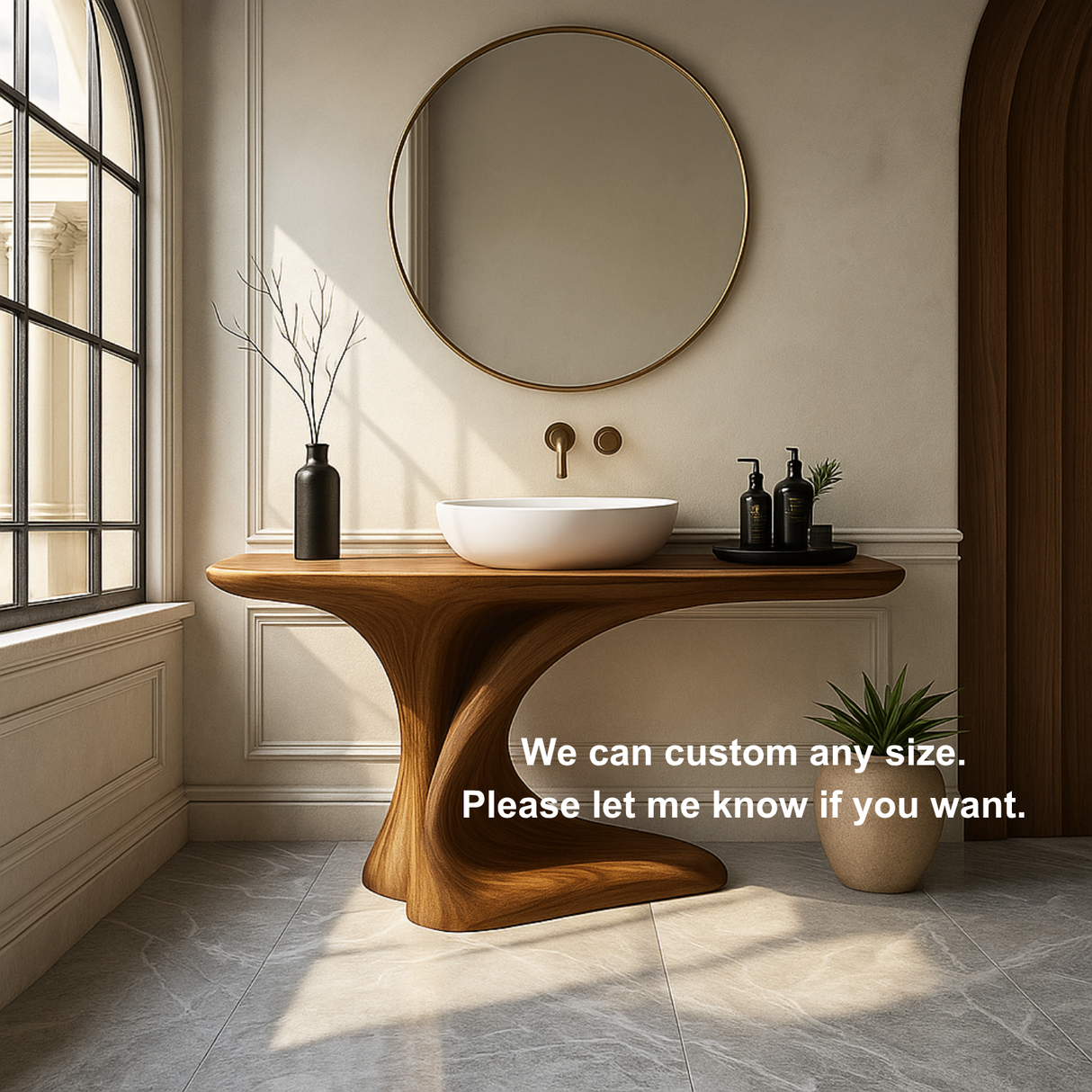 Handcrafted Solid Wood Bathroom Vanity – Organic Sculptural Flow Design with Artistic Curved Base