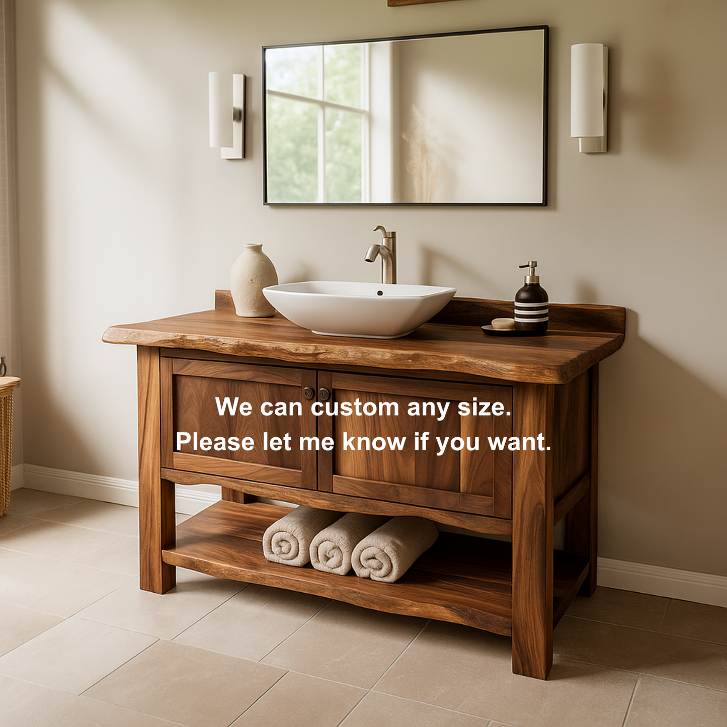 Handcrafted Solid Wood Bathroom Vanity – Rustic Live Edge Design with Open Shelf Storage