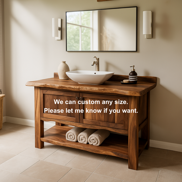 Handcrafted Solid Wood Bathroom Vanity – Rustic Live Edge Design with Open Shelf Storage
