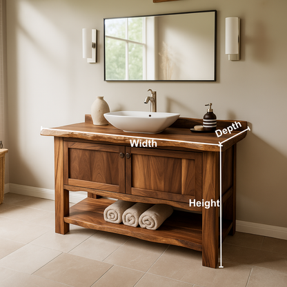 Handcrafted Solid Wood Bathroom Vanity – Rustic Live Edge Design with Open Shelf Storage
