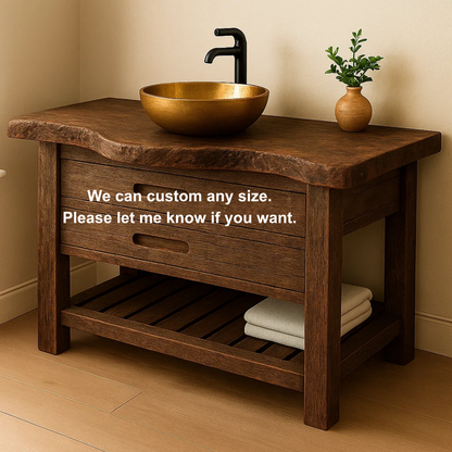 Handcrafted Solid Wood Bathroom Vanity – Rustic Live Edge Base with Drawers and Slatted Shelf