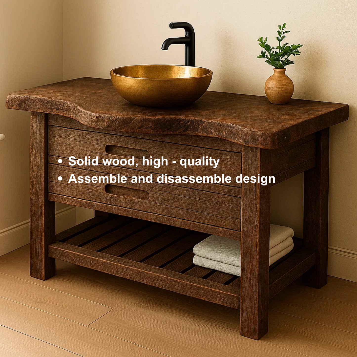 Handcrafted Solid Wood Bathroom Vanity – Rustic Live Edge Base with Drawers and Slatted Shelf