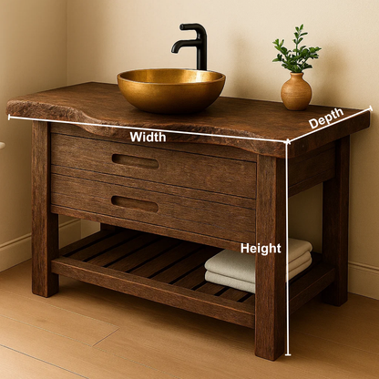 Handcrafted Solid Wood Bathroom Vanity – Rustic Live Edge Base with Drawers and Slatted Shelf
