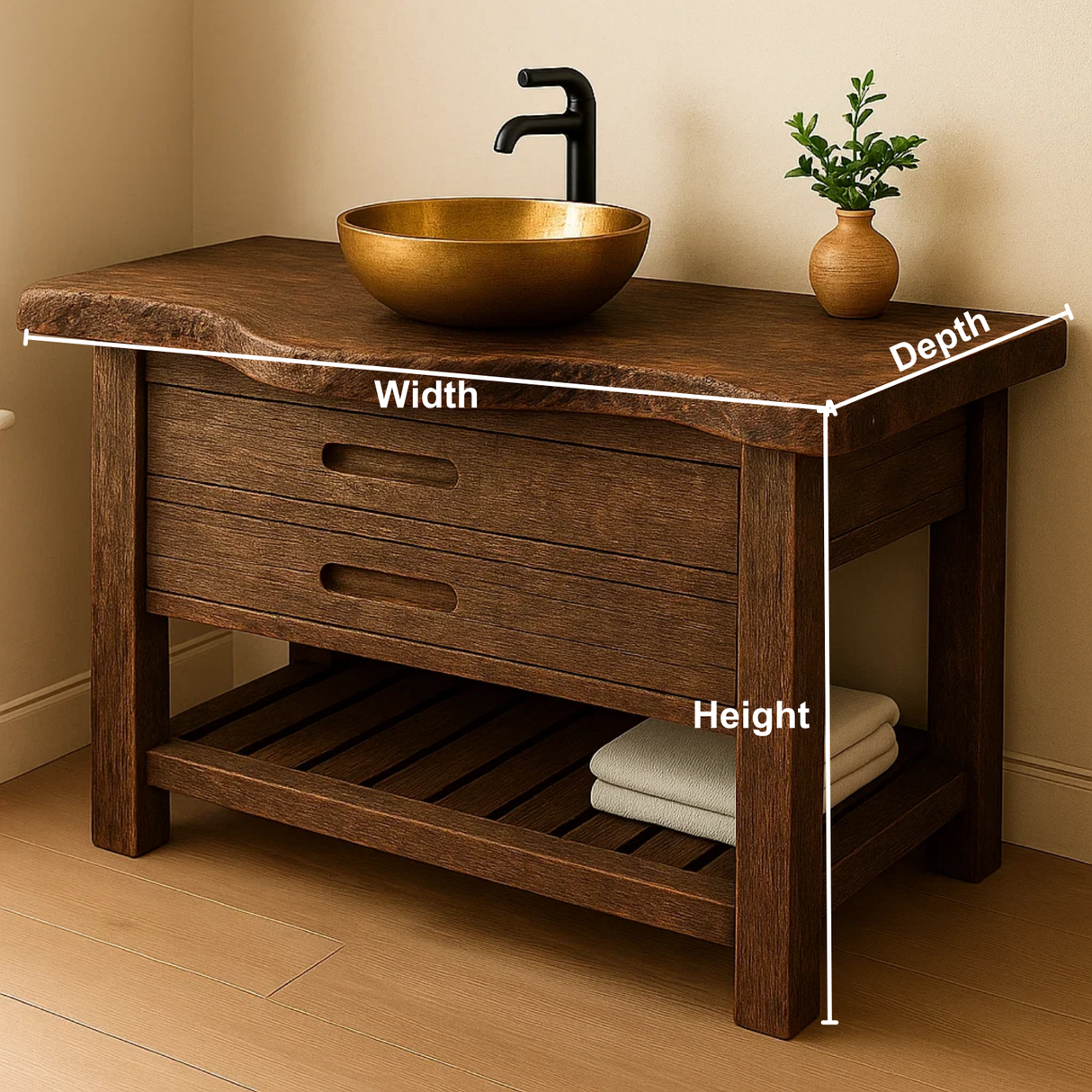 Handcrafted Solid Wood Bathroom Vanity – Rustic Live Edge Base with Drawers and Slatted Shelf
