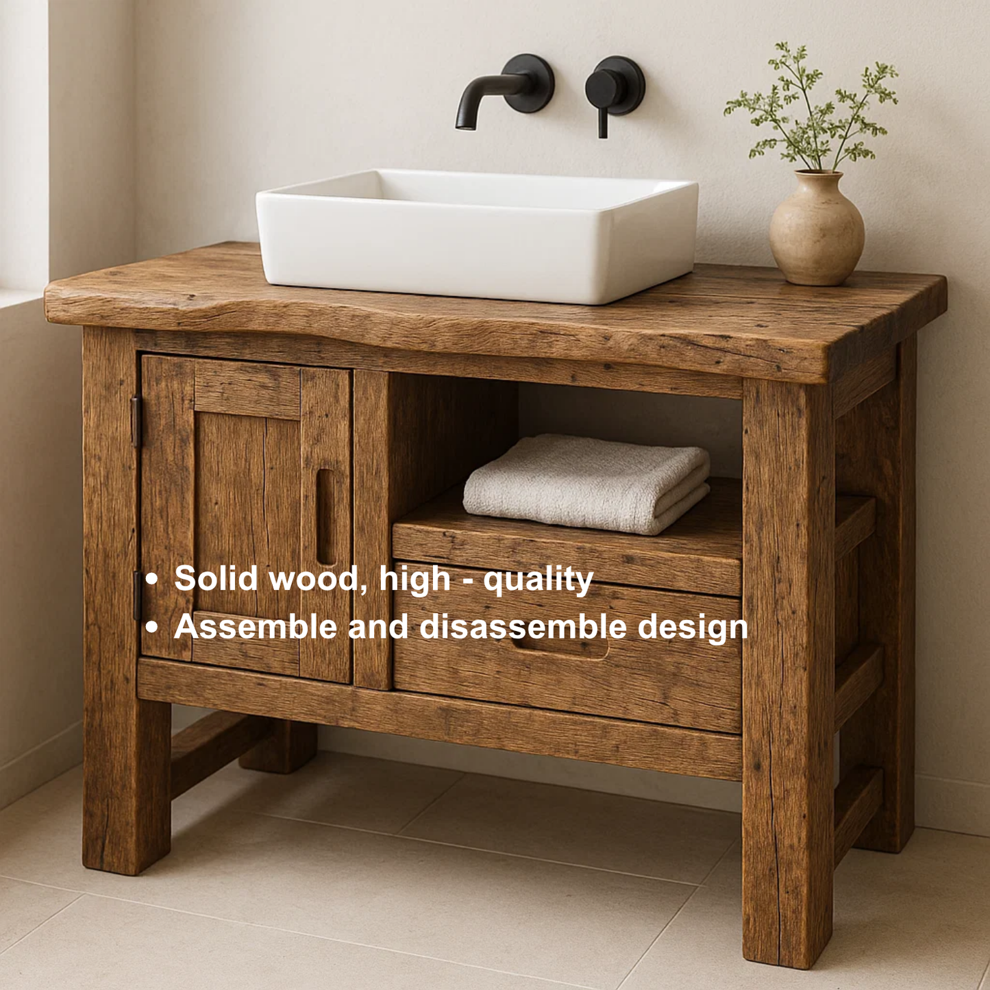 Handcrafted Solid Wood Bathroom Vanity – Rustic Live Edge Base with Drawer and Cabinet Storage